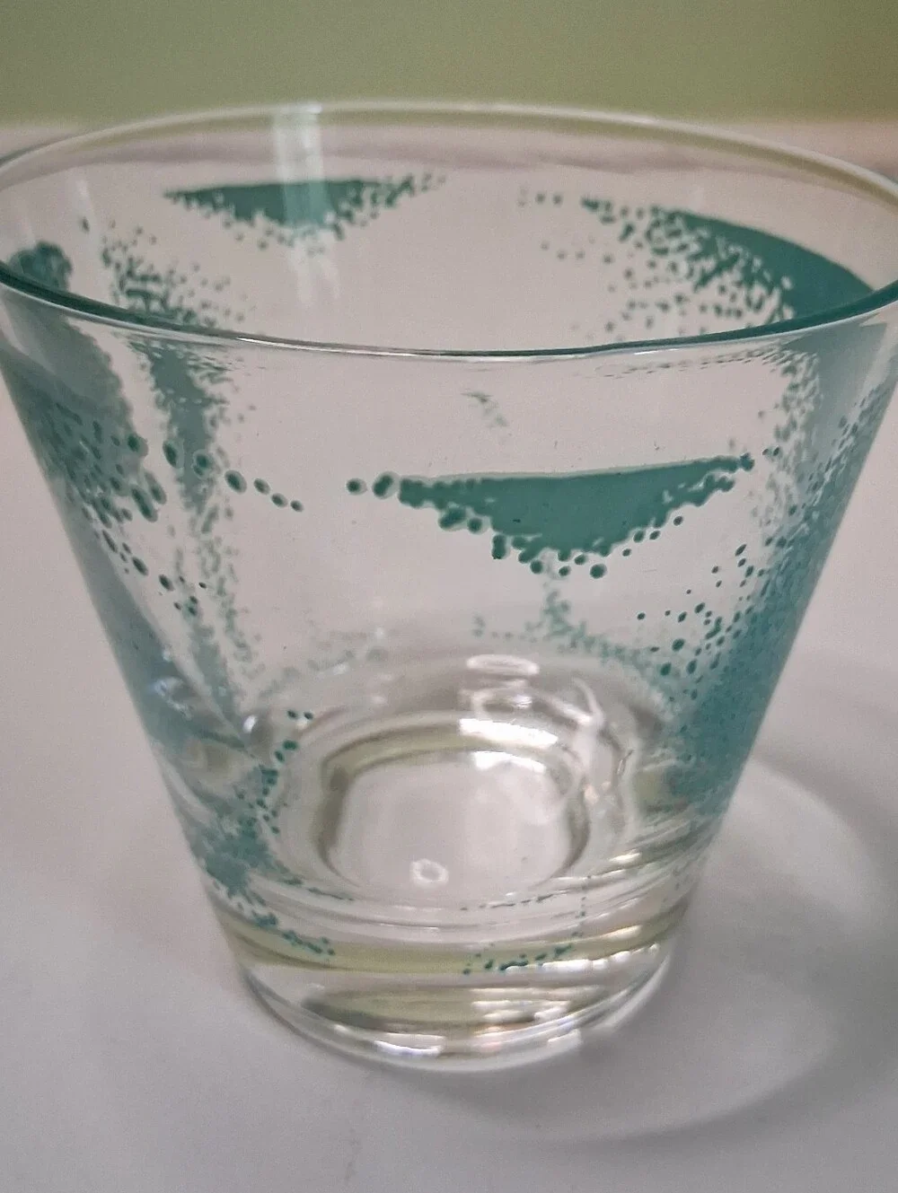 Vintage Fred Press Signed Teal Stipple Rocks Glass MCM Mid Century Barware